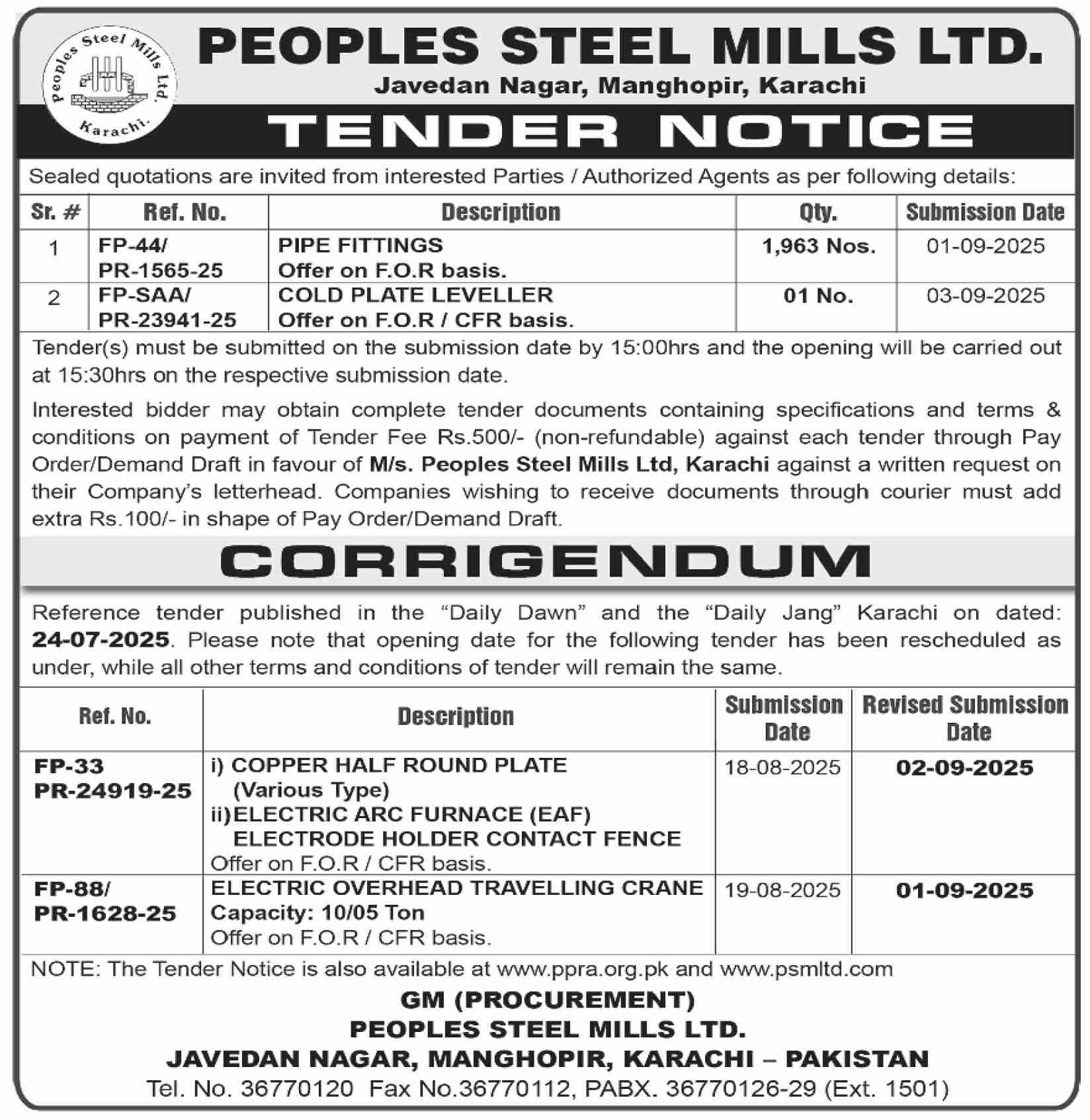Peoples Steel Mills Limited Karachi Tender Notice